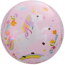 Шар с Гелием (24''/61 см) Сфера 3D, С Днем Рождения (волшебные единороги), Розовый