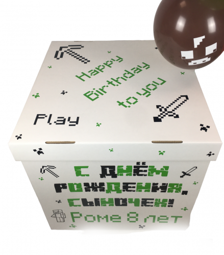 Коробка для шаров 70*70*70, Белая, с оформлением Майнкрафт/Minecraft (без шаров) фото 2