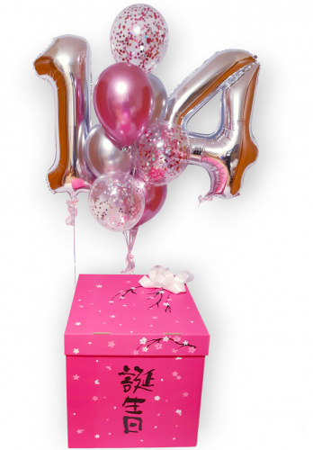 Коробка для шаров 60*60*60, Розовая с фонтаном "Лиловый рассвет" без цифр